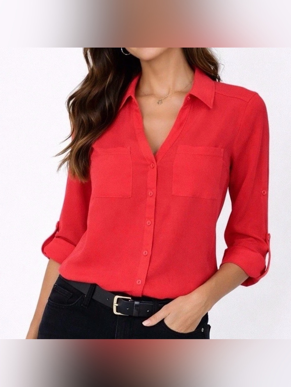 Express Portofino Shirt in red with convertible roll-tab sleeves